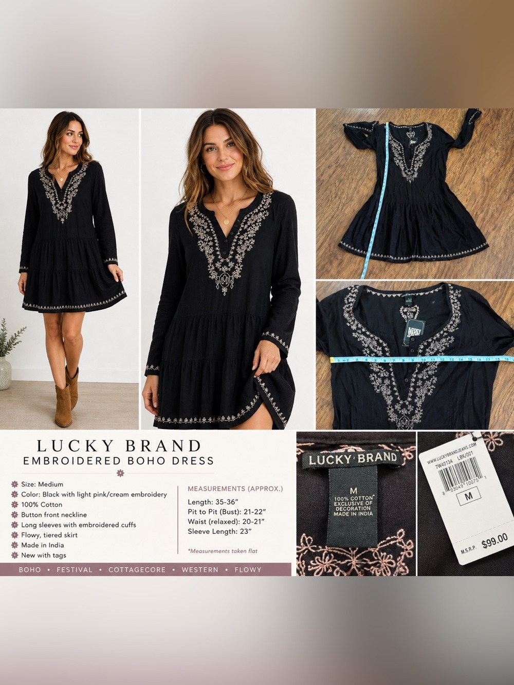 Lucky Brand Black Boho‎ Peasant Dress Embroidered Tiered Festival Medium NWT